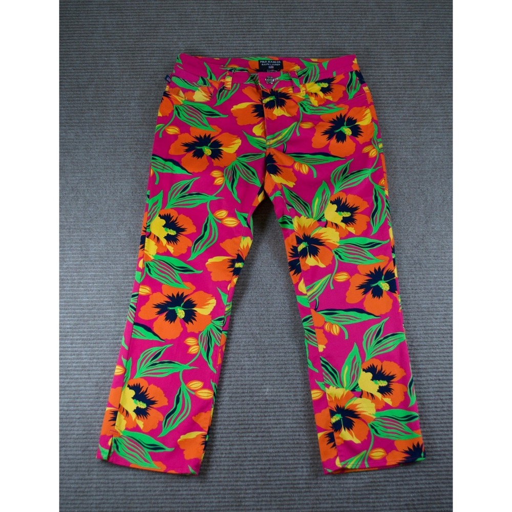 Polo Jeans Ralph Lauren Pink Hawaiian Hibiscus Floral Capri Pants 90s Vintage